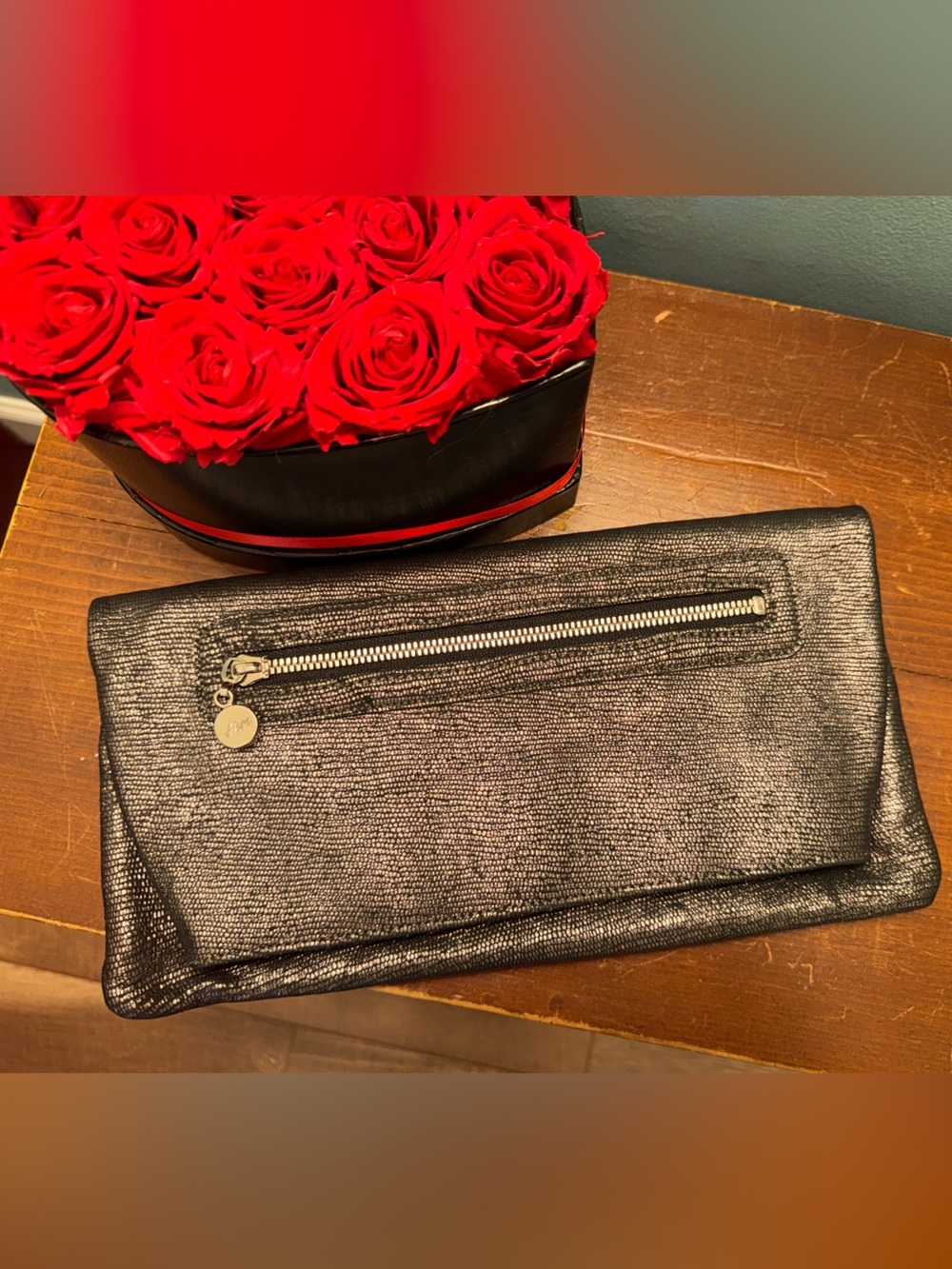 ABAS Maggie Fold Over Leather Clutch | Black Metallic Pebbled | NWT $154